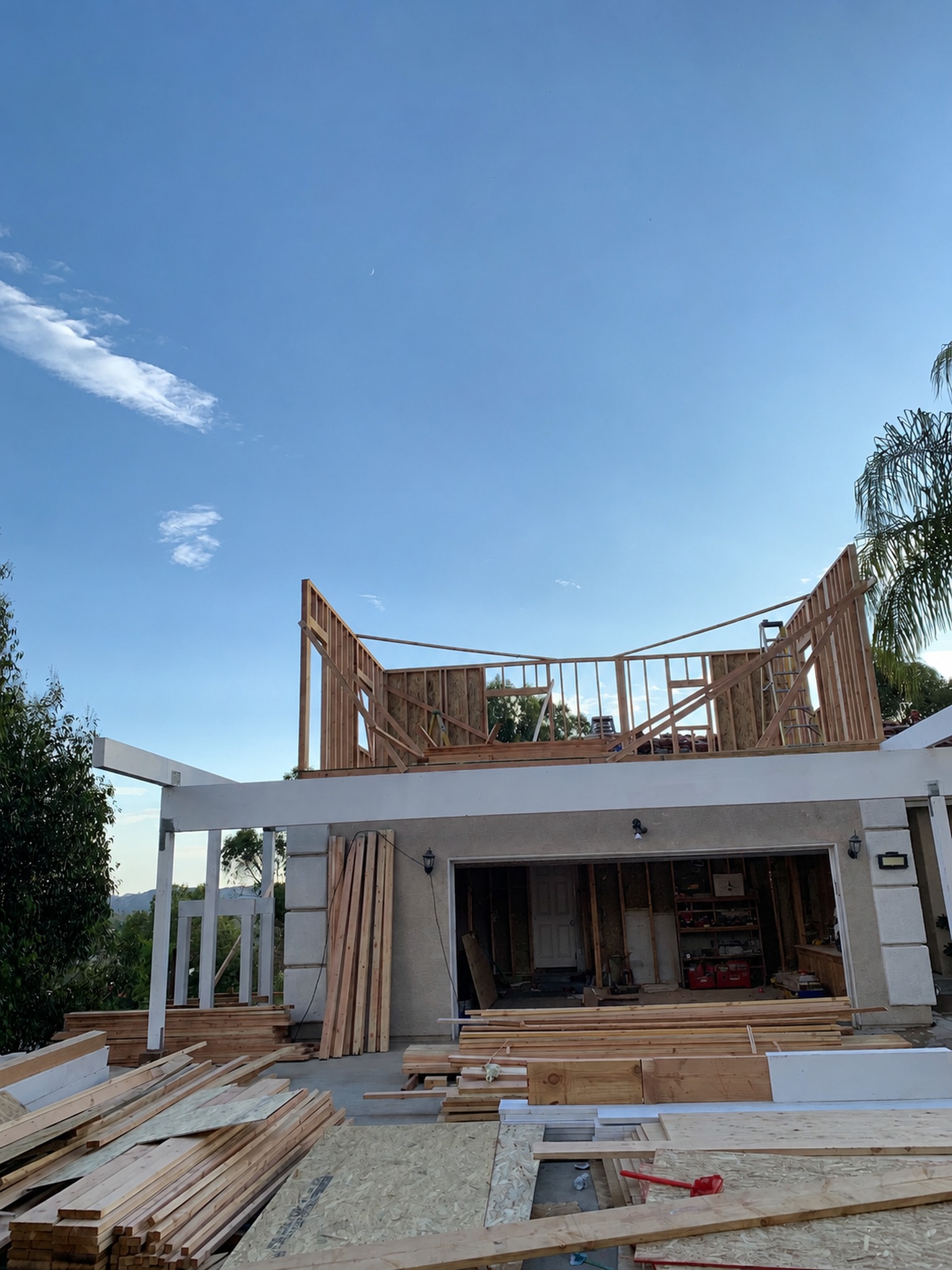 Second-floor wall framing in progress